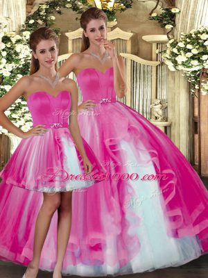 Sleeveless Tulle Floor Length Lace Up 15th Birthday Dress in Fuchsia with Beading