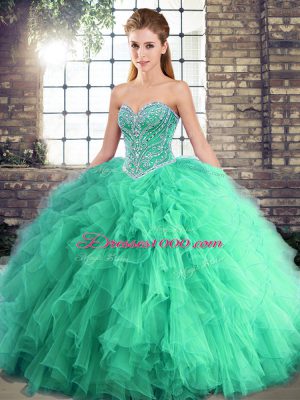 High Class Turquoise Tulle Lace Up Sweet 16 Dresses Sleeveless Floor Length Beading and Ruffles