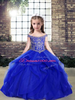 Most Popular Royal Blue Organza Lace Up Pageant Dress for Girls Sleeveless Floor Length Beading