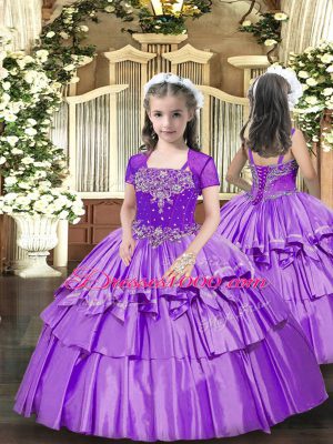 Elegant Lavender Taffeta Lace Up Little Girl Pageant Dress Sleeveless Floor Length Beading and Ruffled Layers