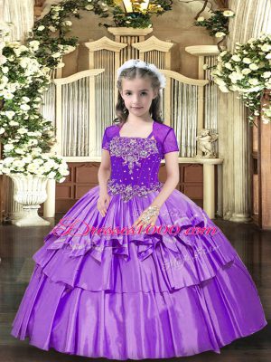 Elegant Lavender Taffeta Lace Up Little Girl Pageant Dress Sleeveless Floor Length Beading and Ruffled Layers