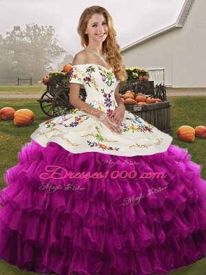 Most Popular Sleeveless Floor Length Embroidery and Ruffled Layers Lace Up Quinceanera Dresses with Fuchsia