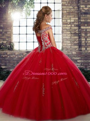 Cute Red Tulle Lace Up Off The Shoulder Sleeveless Floor Length 15th Birthday Dress Beading