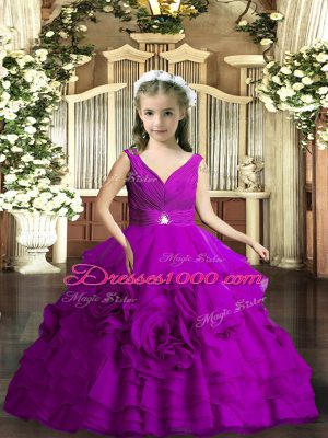 V-neck Sleeveless Backless Kids Formal Wear Purple Organza