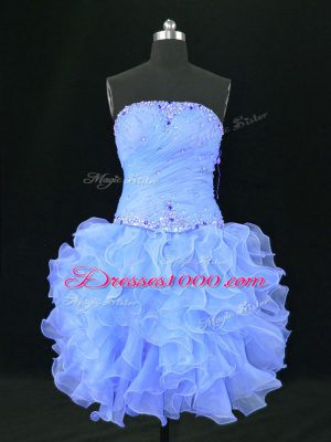 Sleeveless Organza Mini Length Lace Up Womens Party Dresses in Blue with Beading and Ruffles