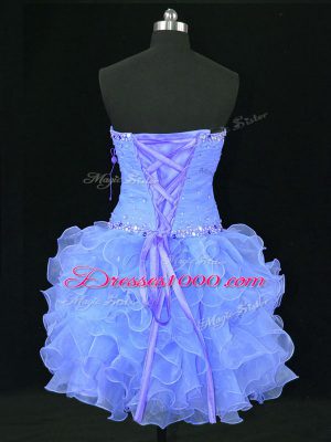 Sleeveless Organza Mini Length Lace Up Womens Party Dresses in Blue with Beading and Ruffles