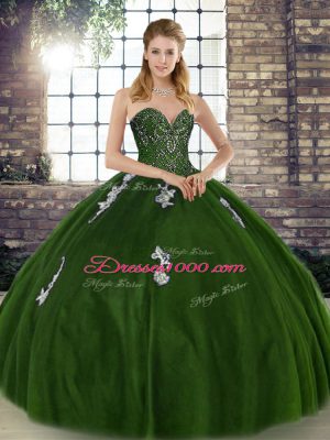 Fabulous Olive Green Tulle Lace Up 15th Birthday Dress Sleeveless Floor Length Beading and Appliques
