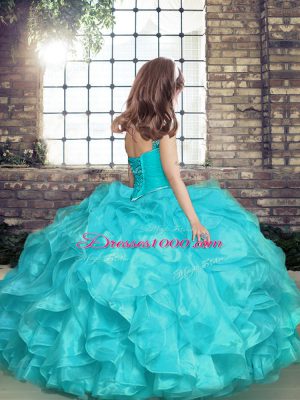 Luxurious Spaghetti Straps Sleeveless Child Pageant Dress Floor Length Beading and Ruffles and Ruching Yellow Green Organza