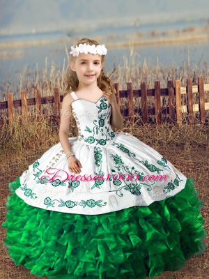 Floor Length Green Little Girls Pageant Dress Organza Sleeveless Embroidery and Ruffles