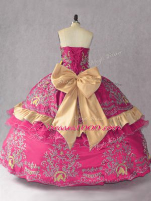 Sweetheart Sleeveless 15 Quinceanera Dress Embroidery Hot Pink Satin and Organza