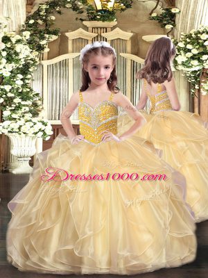 Best Gold Organza Lace Up Straps Sleeveless Floor Length Kids Pageant Dress Beading and Ruffles