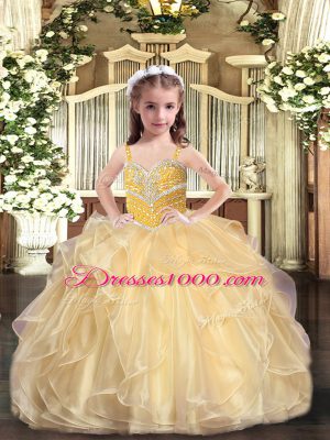 Best Gold Organza Lace Up Straps Sleeveless Floor Length Kids Pageant Dress Beading and Ruffles