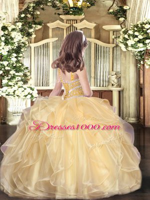 Best Gold Organza Lace Up Straps Sleeveless Floor Length Kids Pageant Dress Beading and Ruffles