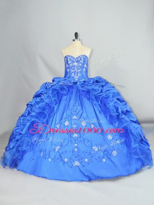 Noble Blue Sweetheart Neckline Embroidery and Pick Ups Quinceanera Gowns Sleeveless Lace Up
