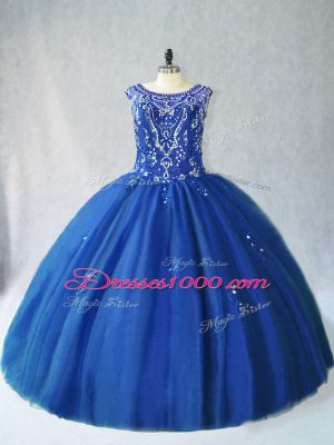 Floor Length Blue Sweet 16 Dresses Scoop Sleeveless Lace Up