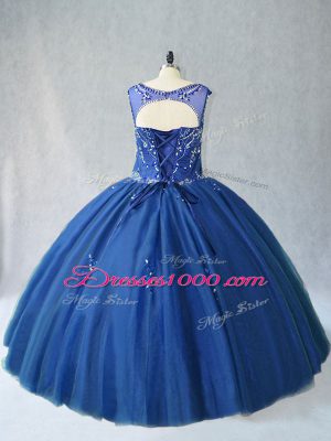 Floor Length Blue Sweet 16 Dresses Scoop Sleeveless Lace Up