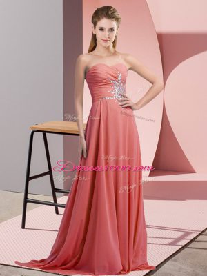 Spectacular Sleeveless Chiffon Floor Length Lace Up Prom Dress in Watermelon Red with Beading
