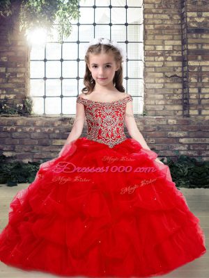 Popular Floor Length Red Evening Gowns Organza and Tulle Sleeveless Beading
