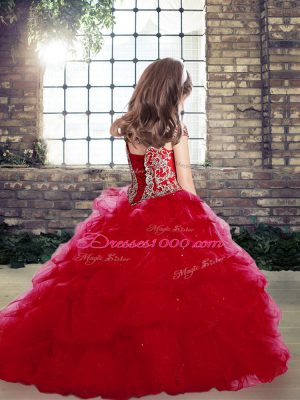 Popular Floor Length Red Evening Gowns Organza and Tulle Sleeveless Beading