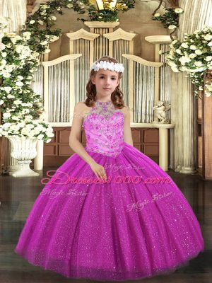 Floor Length Ball Gowns Sleeveless Fuchsia Little Girls Pageant Gowns Lace Up