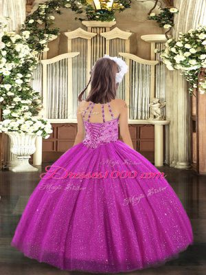 Floor Length Ball Gowns Sleeveless Fuchsia Little Girls Pageant Gowns Lace Up