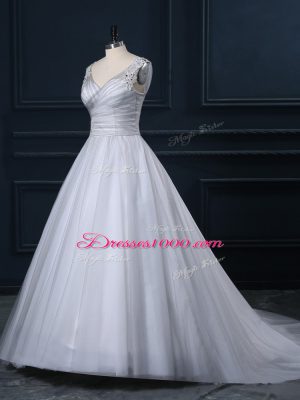 Sexy Grey Tulle Lace Up Wedding Gowns Sleeveless Court Train Beading and Appliques