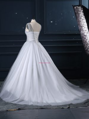 Sexy Grey Tulle Lace Up Wedding Gowns Sleeveless Court Train Beading and Appliques