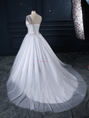 Sexy Grey Tulle Lace Up Wedding Gowns Sleeveless Court Train Beading and Appliques