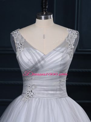 Sexy Grey Tulle Lace Up Wedding Gowns Sleeveless Court Train Beading and Appliques