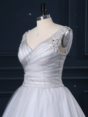 Sexy Grey Tulle Lace Up Wedding Gowns Sleeveless Court Train Beading and Appliques