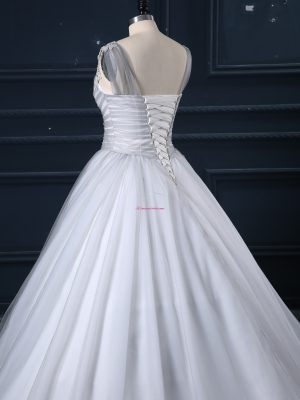 Sexy Grey Tulle Lace Up Wedding Gowns Sleeveless Court Train Beading and Appliques