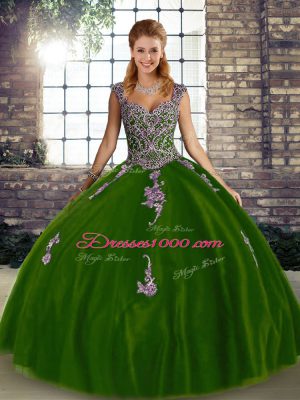 Glorious Olive Green Ball Gowns Straps Sleeveless Tulle Floor Length Lace Up Beading and Appliques Quince Ball Gowns