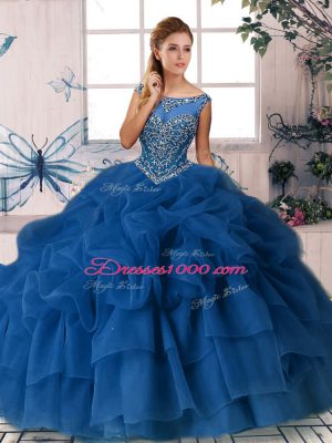 Delicate Royal Blue Sleeveless Brush Train Beading and Pick Ups Quinceanera Dresses