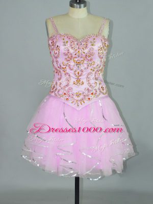 Simple Rose Pink Tulle Lace Up Cocktail Dresses Sleeveless Mini Length Beading and Ruffles