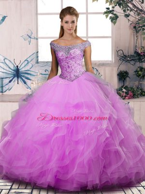 Glamorous Off The Shoulder Sleeveless 15th Birthday Dress Floor Length Beading and Ruffles Lilac Tulle