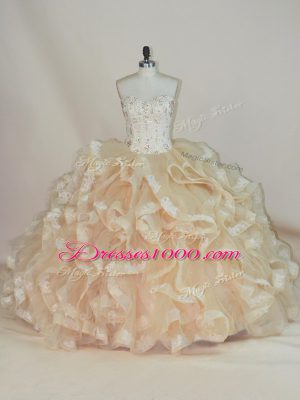 Fantastic Floor Length Lace Up 15 Quinceanera Dress Champagne for Sweet 16 and Quinceanera with Beading and Ruffles