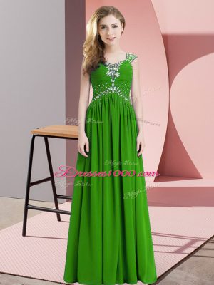 Low Price Straps Cap Sleeves Homecoming Party Dress Floor Length Beading Green Chiffon