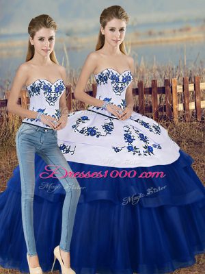 Royal Blue Lace Up 15 Quinceanera Dress Embroidery and Bowknot Sleeveless Floor Length