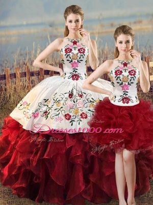 Floor Length Lace Up Sweet 16 Quinceanera Dress White And Red for Sweet 16 and Quinceanera with Embroidery and Ruffles