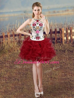 Floor Length Lace Up Sweet 16 Quinceanera Dress White And Red for Sweet 16 and Quinceanera with Embroidery and Ruffles