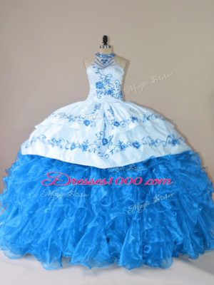 Custom Design Halter Top Sleeveless Sweet 16 Dresses Court Train Embroidery and Ruffles Blue Organza