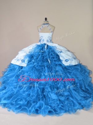 Custom Design Halter Top Sleeveless Sweet 16 Dresses Court Train Embroidery and Ruffles Blue Organza