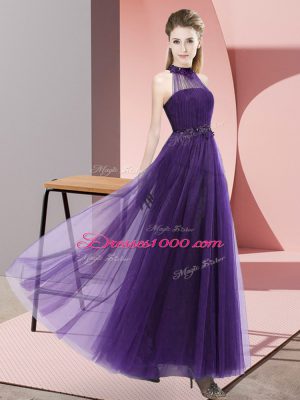 Fantastic Floor Length Purple Damas Dress Halter Top Sleeveless Lace Up