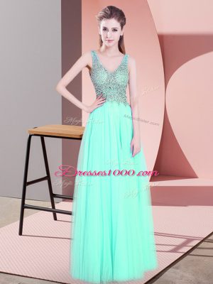 Beautiful Apple Green Empire Beading Prom Gown Zipper Tulle Sleeveless Floor Length