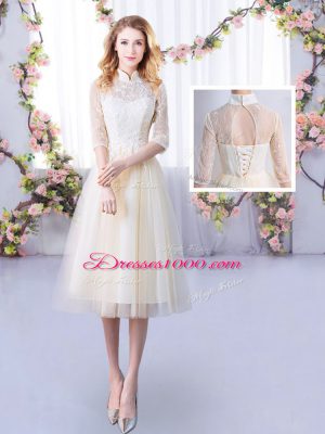 Champagne High-neck Neckline Lace Bridesmaids Dress Half Sleeves Lace Up