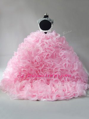 Baby Pink Zipper Quinceanera Gown Beading and Ruffles Sleeveless Brush Train