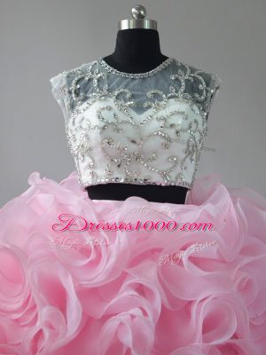 Baby Pink Zipper Quinceanera Gown Beading and Ruffles Sleeveless Brush Train