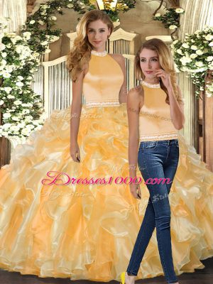 Hot Selling Floor Length Gold Quinceanera Gowns Organza Sleeveless Beading and Ruffles
