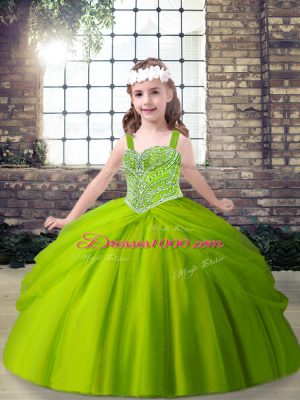 Sleeveless Floor Length Beading and Pick Ups Lace Up Little Girls Pageant Dress Wholesale with Green