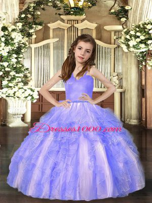 Elegant Straps Sleeveless Kids Pageant Dress Floor Length Ruffles Lavender Tulle